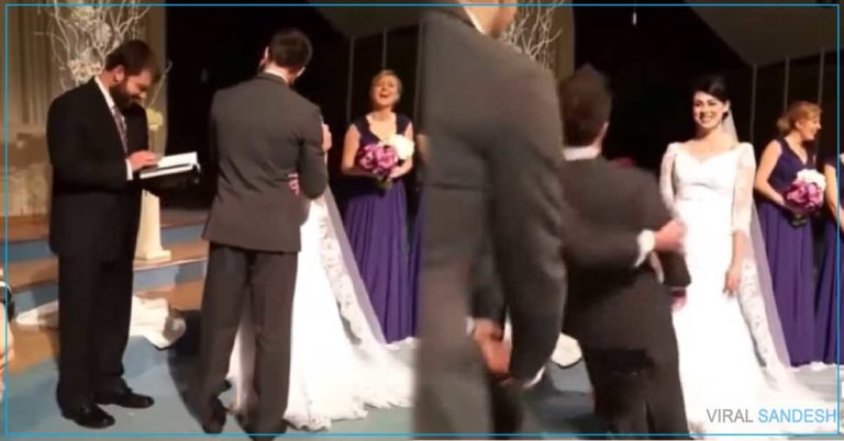 groom fall after kiss to bride