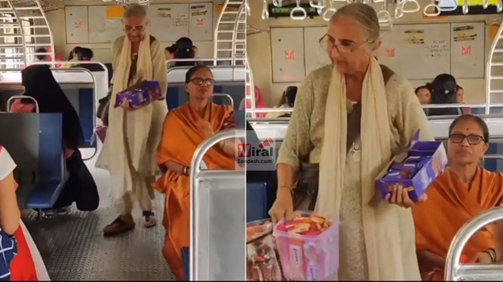 Elderly woman sells chocolates in train