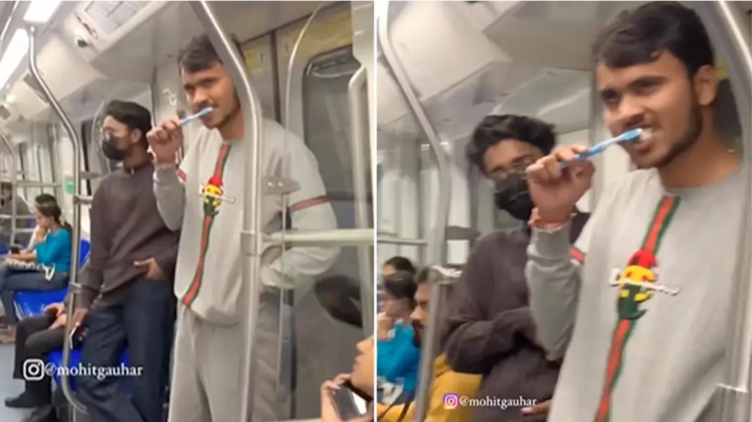 Man Brushing Teeth Infront Of Passengers In Delhi Metro