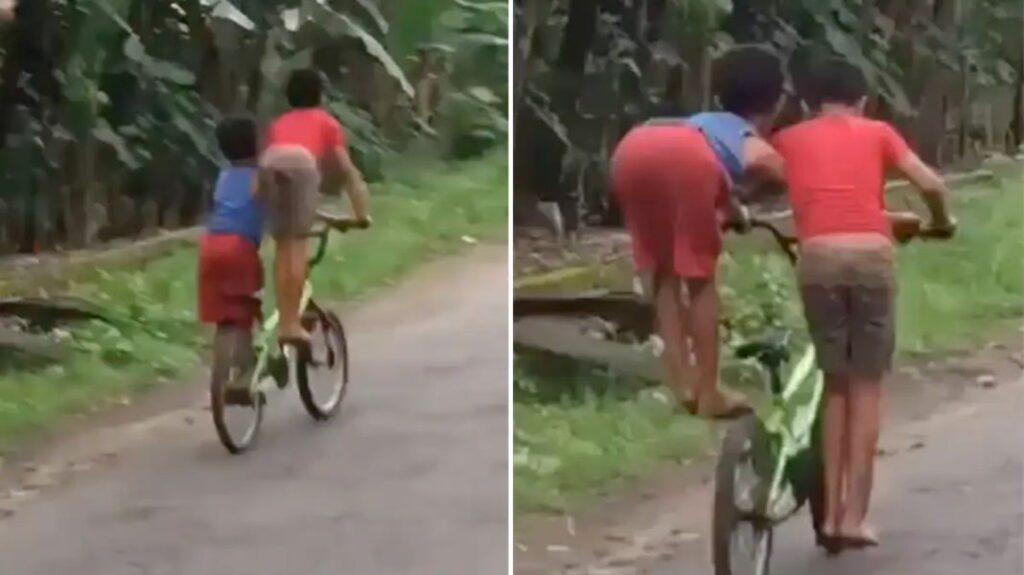 two little boys riding a bicycle